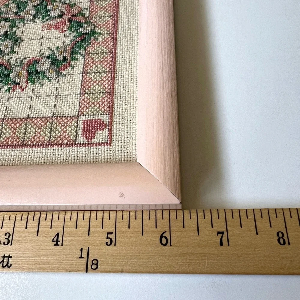 Vintage Framed Floral Heart Cross Stitch Needlepoint Wall Art Pink Cottagecore